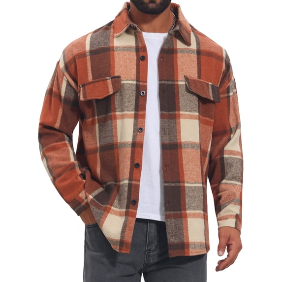 Men's Vintage Shirts Long Sleeve Button Down Brushed Plaid Shirt Jacket L Brown Red
