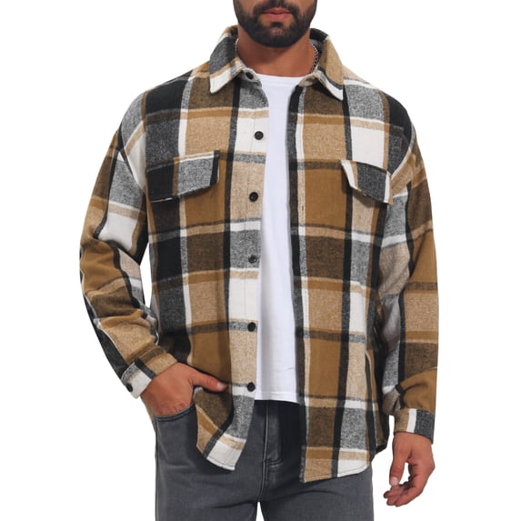 Men's Vintage Shirts Long Sleeve Button Down Brushed Plaid Shirt Jacket M Khaki