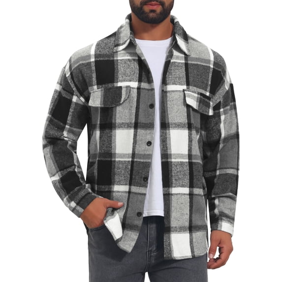 Men's Vintage Shirts Long Sleeve Button Down Brushed Plaid Shirt Jacket S Dark Gray