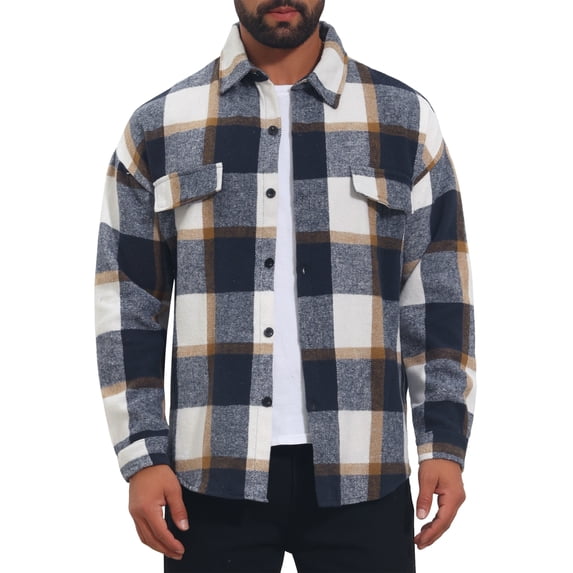 Men's Vintage Shirts Long Sleeve Button Down Brushed Plaid Shirt Jacket S Navy White