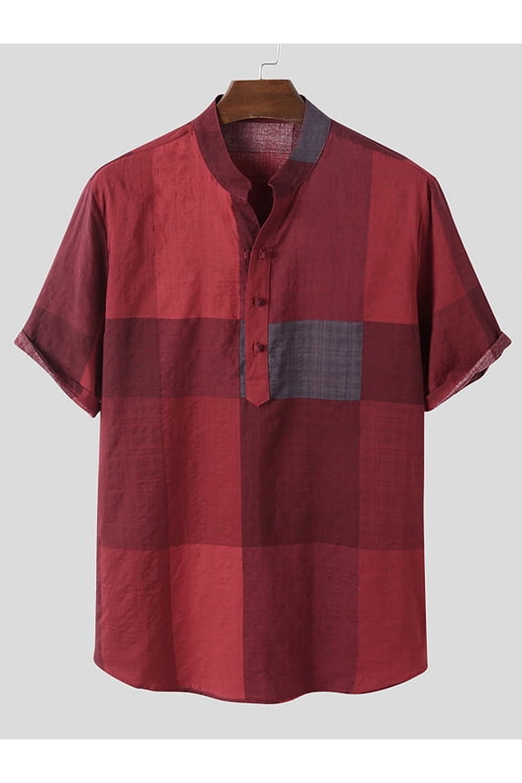 Men's Vintage Short Sleeve Patchwork Henley Shirts Crew Neck Retro Casual Tops