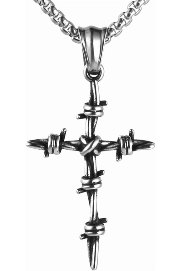 Men's Vintage Silver Nail Cross Punk Gothic Stainless Steel Barbed Wire Pendant Necklacee 22+2 Inch