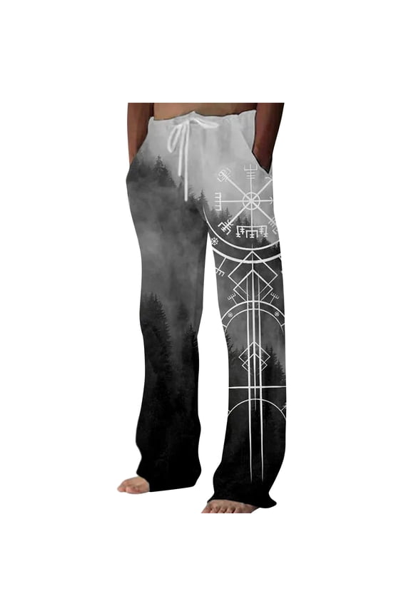 Men's Vintage Slub Linen Straight Leg Casual Pants With Viking Print Pattern Grey S