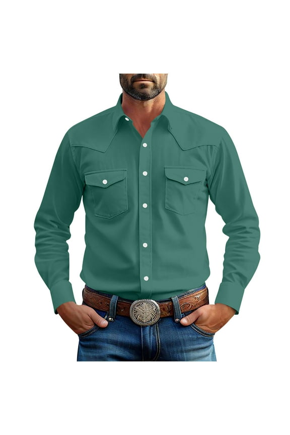 Men's Vintage Solid Color Shirts Western Cowboy Shirts Long Sleeve Shirt Slim Fit Casual Button Down Shirts Green XXL
