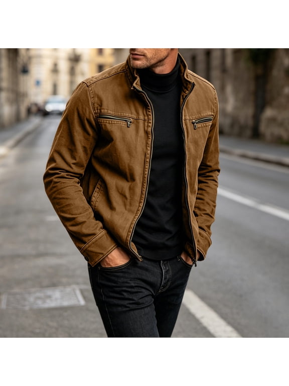 Men's Vintage Stand Collar Jacket Zip Pockets Slim Fitting Casual Workwear Outerwear Jackets Brown M