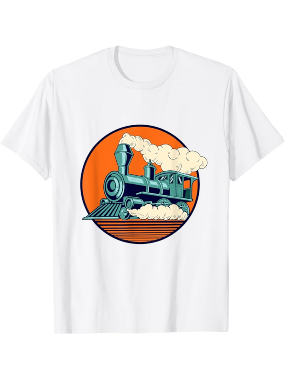 Men's Vintage Steam Train T-Shirt with Green Locomotive & Orange Smoke - Retro Railway Design Short Sleeve Tee Suitable for Train Hobbyists, Casual Crew Neck Shirt with Model Railway Print.