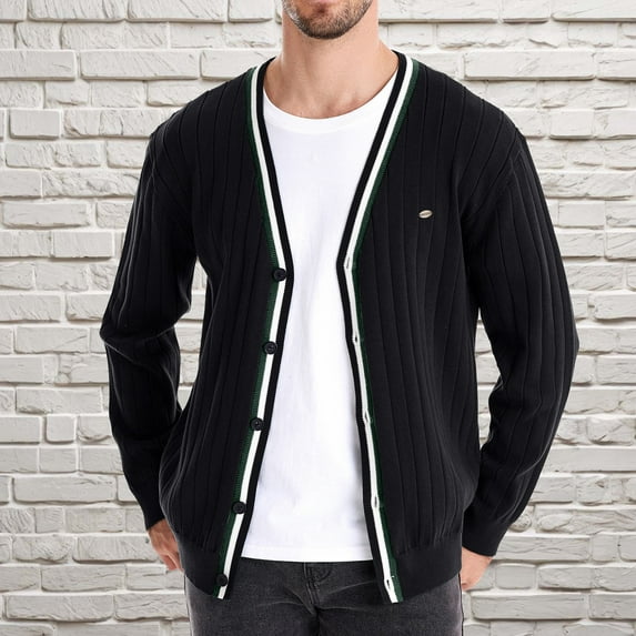 Men's Vintage Striped Long Sleeve Cardigan Sweater with V Neck Knitted Sweaters Cotton Warm Soft Button Down Sweaters Basic Preppy Casual Loose Cardigan Sweater, Black (X-Large)