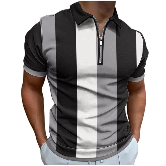 Men's Vintage Striped Polo Shirts Short Sleeve Quarter Zip Contrast Golf Bowling Shirt Classic Fit Shirts