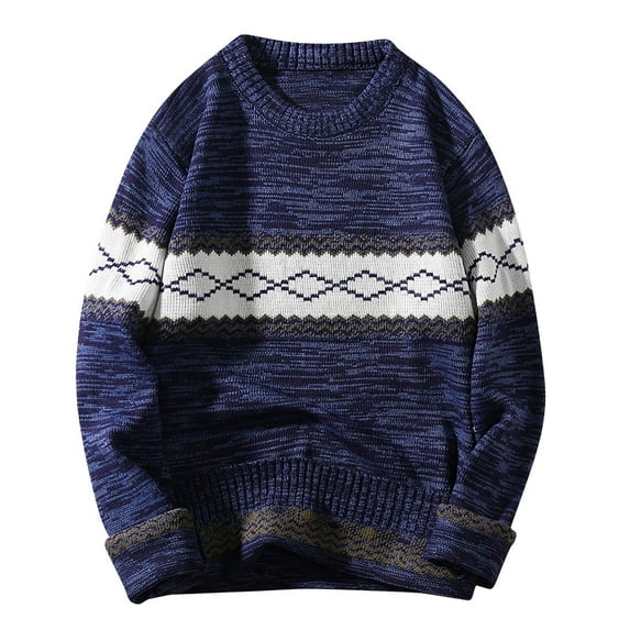 Men's Vintage Striped Sweater Oversized Knitted Pullover Crewneck Long Sleeve Colorblock Jumper Tops Blue XXXL