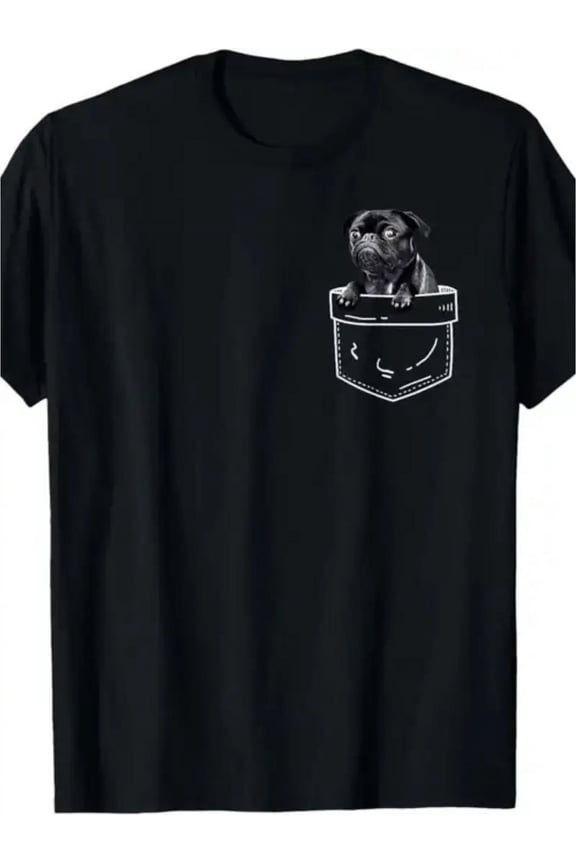 Men's Vintage-Style Black Pug in Pocket T-Shirt - 100 Cotton, Short Sleeve, Crew Neck - Perfect Gift for Dog Lovers