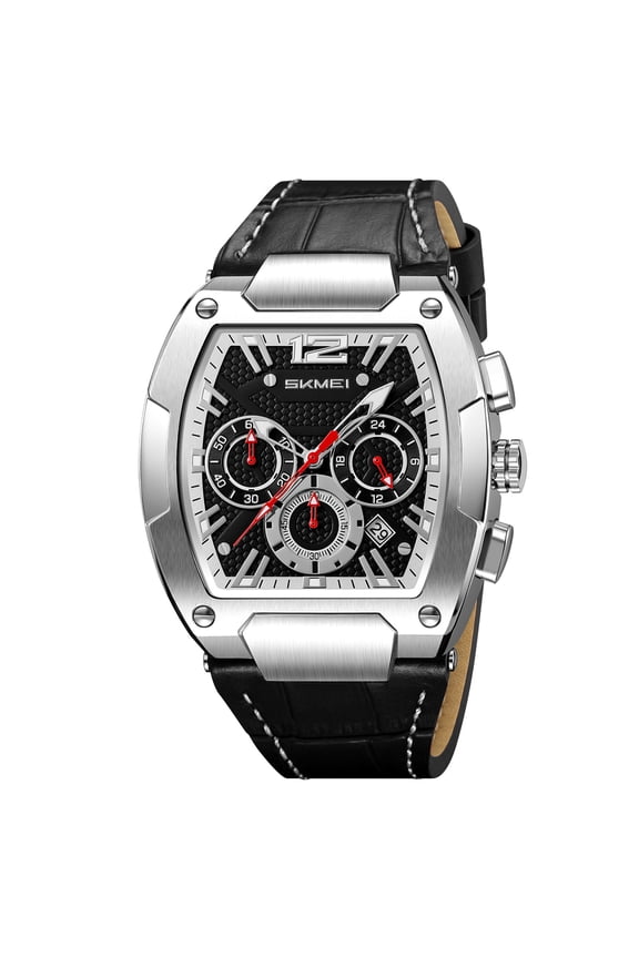 Men's Vintage Style Chronograph Watch, Barrel-Shaped Case with Leather Band, 3 Subdials 6-Hand Multi-Function Water Resistant Quartz Watch, Gift for Dad