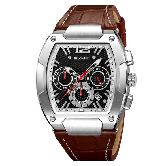 Men's Vintage Style Chronograph Watch, Barrel-Shaped Case with Leather Band, 3 Subdials 6-Hand Multi-Function Water Resistant Quartz Watch, Gift for Dad