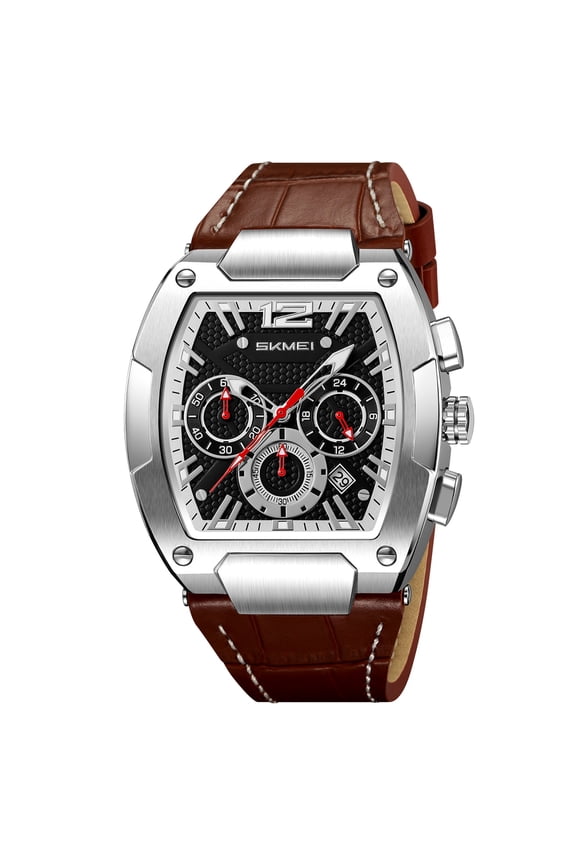 Men's Vintage Style Chronograph Watch, Barrel-Shaped Case with Leather Band, 3 Subdials 6-Hand Multi-Function Water Resistant Quartz Watch, Gift for Dad