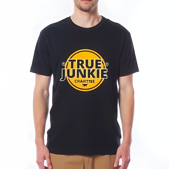 Men's Vintage Style Cotton Short Sleeve T-Shirt with 'TRUE JUNKIE' Bold Yellow Text and Circular Design
