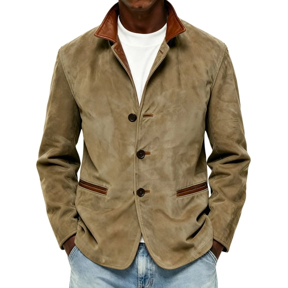 Men's Vintage Suede Casual Lapel Jacket, Khaki, M