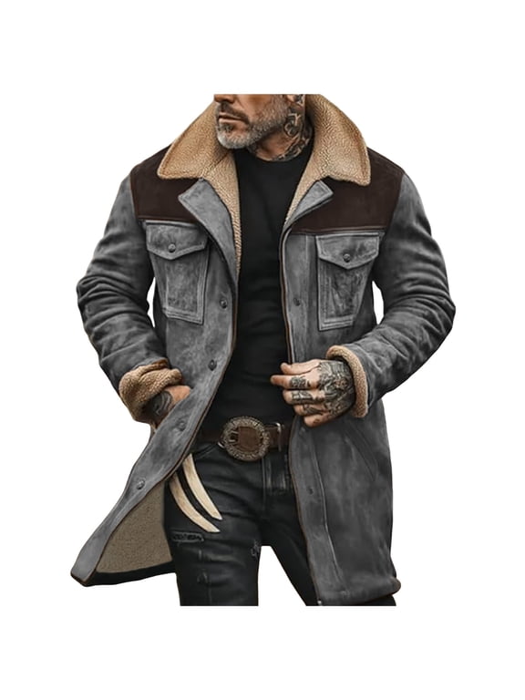 Men's Vintage Suede Jacket Plush Collar Coats Leather Jacket Men Zip Up Motorcycle Jacket Coats Retro Tops