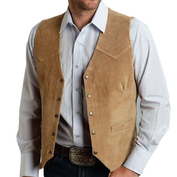 Men's Vintage Suede Leather Western Cowboy Waistcoat - Button Up V Neck Sleeveless Business Suit Vest