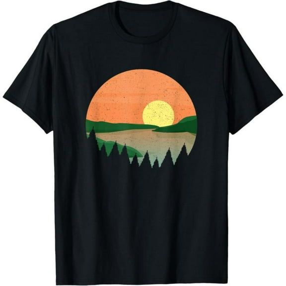 Men's Vintage Sunrise Camping Nature Graphic Tees, Retro Orange T-Shirt & Tops, Soft Comfort Fit，Classic，cotton，black，S-5XL
