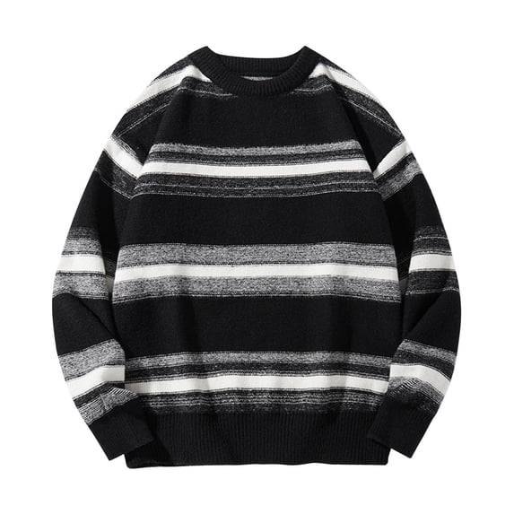 Men's Vintage Sweater Oversized Cable Knit Crewneck Pullovers Casual Fall Winter Long Sleeve Striped Sweaters (XL, Black)