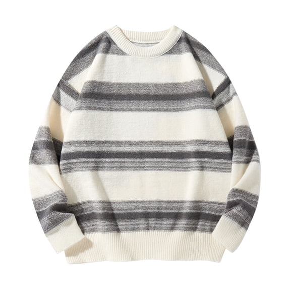 Men's Vintage Sweater Oversized Cable Knit Crewneck Pullovers Casual Fall Winter Long Sleeve Striped Sweaters (XXL, Beige)
