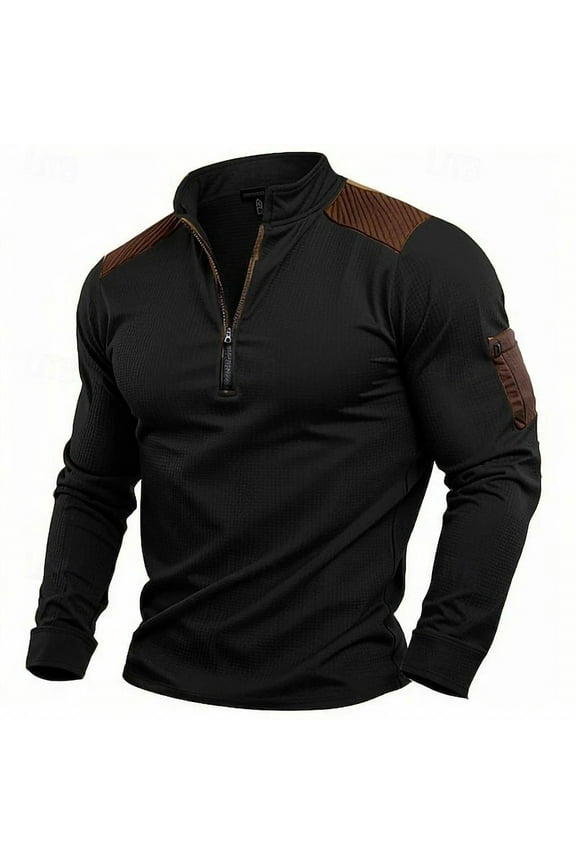 Men's Vintage Sweatshirt Turtleneck Quarter Zipper Pullover Top Long Sleeve Golf Sweatshirts with Elbow Patches Black L