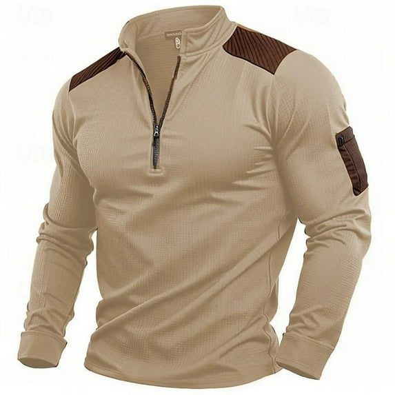 Men's Vintage Sweatshirt Turtleneck Quarter Zipper Pullover Top Long Sleeve Golf Sweatshirts with Elbow Patches Khaki XXL