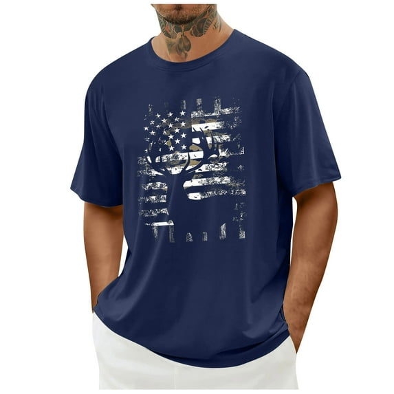 Men's Vintage T-Shirt American Flags Graphic Tops Independence Day Short Sleeve Tee Shirts Deer Shadow Blouse Hippies Fashion Top Memorial Day Summer Casual Tshirts