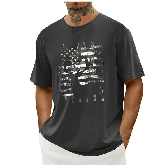 Men's Vintage T-Shirt American Flags Graphic Tops Independence Day Short Sleeve Tee Shirts Deer Shadow Blouse Hippies Fashion Top Memorial Day Summer Casual Tshirts