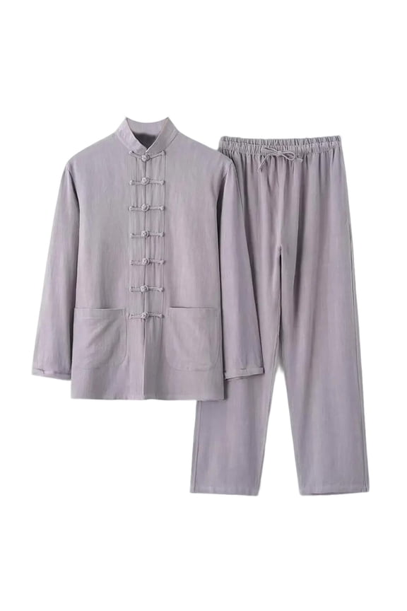 Men's Vintage Tang Suit Chinese Traditional Mandarin Collar Kung Fu Shirts Training Cloths Long Sleeve Tai Chi Outfits