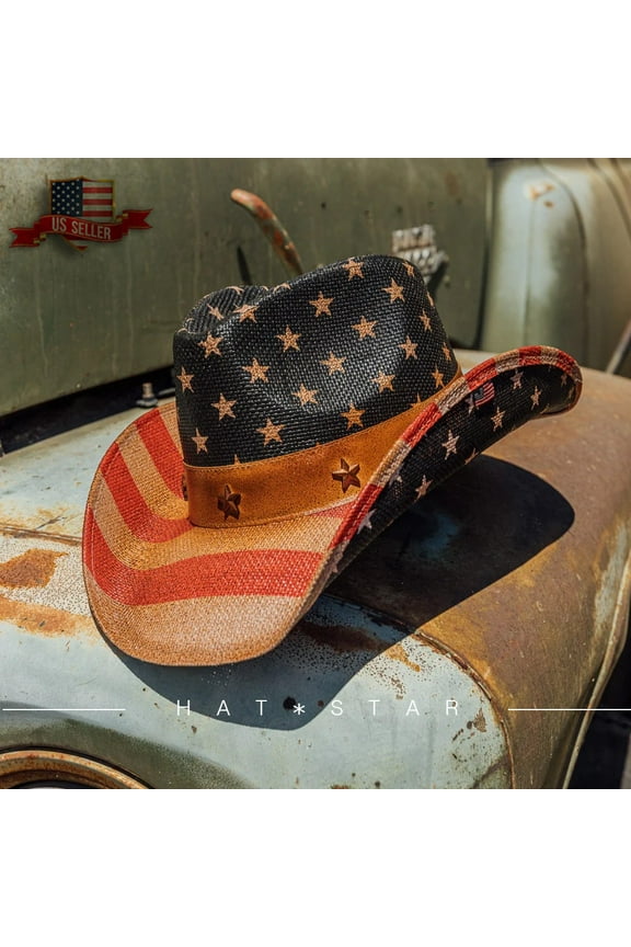 Men's Vintage Tea-Stained USA American Flag Shape-It Brim Cowboy Hat w/ Western