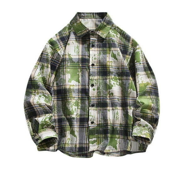 BVnarty Plaid Shirts for Men Vintage Tie-Dye Plaid Long Sleeve Shirt Casual Button Up Blouse Cardigan for Daily Wear