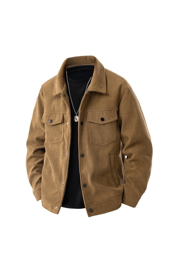Men's Vintage Trucker Corduroy Warm Jacket Causal Western Shacket Button Down Thick Fleece Coat with Multiple Pockets Coffee L