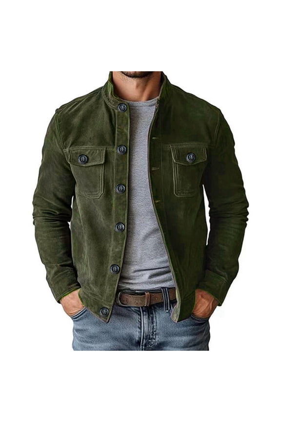 Men's Vintage Trucker Suede Jacket Light Weight Faux Leather Casual Western Blazer Sport Coat Green XXXL