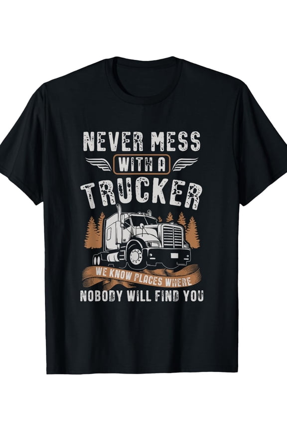 Men's Vintage Trucker T-Shirt with "Never Mess with Truckers" Slogan & Semi-Trailer Truck Logo - Breathable Cotton Regular Fit Casual Tee Suitable for Year-Round, Driving Apparel
