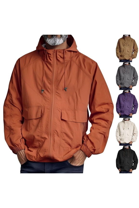 Men's Vintage Utility Jacket with Hood and Multiple Pockets Featuring Relaxed Fit and Lightweight Windproof Material Black XXL