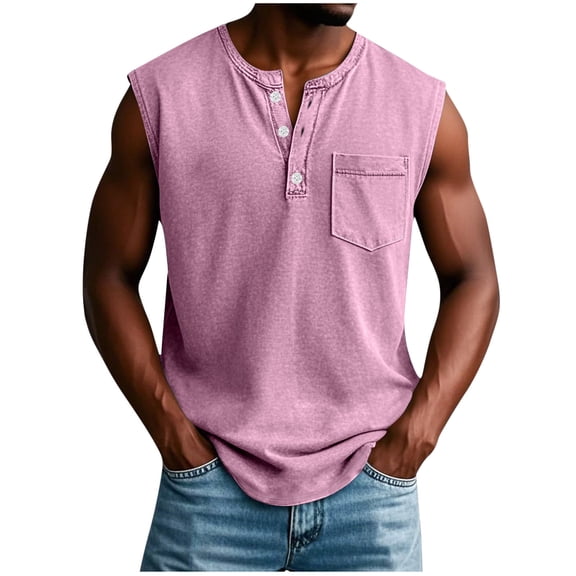 Men’s Vintage V-Neck Lapel Tank Top – 2025 Retro Button-Up Muscle Tee for Beach, Gym & Casual Wear (Breathable Linen Blend, Big & Tall Sizes)