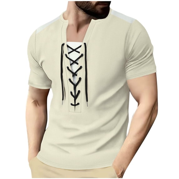 Men's Vintage V Neck Shirts for Renaissance Costume Short Sleeve Shirt with Stylish Lace Up Design