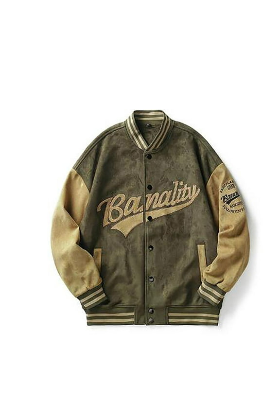 Men's Vintage Varsity Jacket, Retro Bomber Jacket with Embroidered Lettering, Casual Streetwear Coat