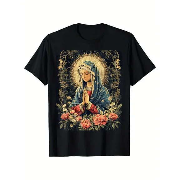 Men's Vintage Virgin Mary Religious T-Shirt - Black Catholic Iconography Tee with Prayer Imagery, Soft Breathable Fabric for Everyday & Special Occasions - Christian Apparel