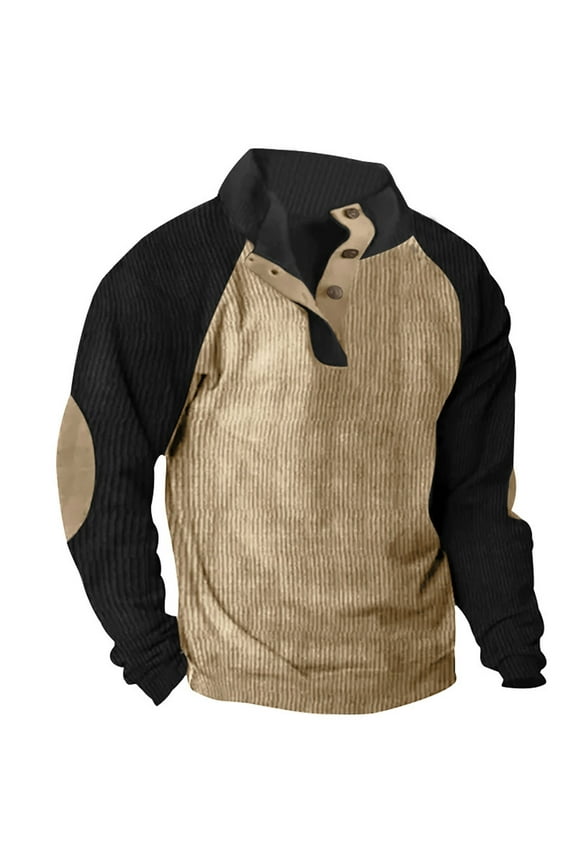Men's Vintage Waffle Corduroy Sweatshirt Patched Elbow Shoulder 1/4 Button Down Plaid Outdoor Casual Pullover Tops