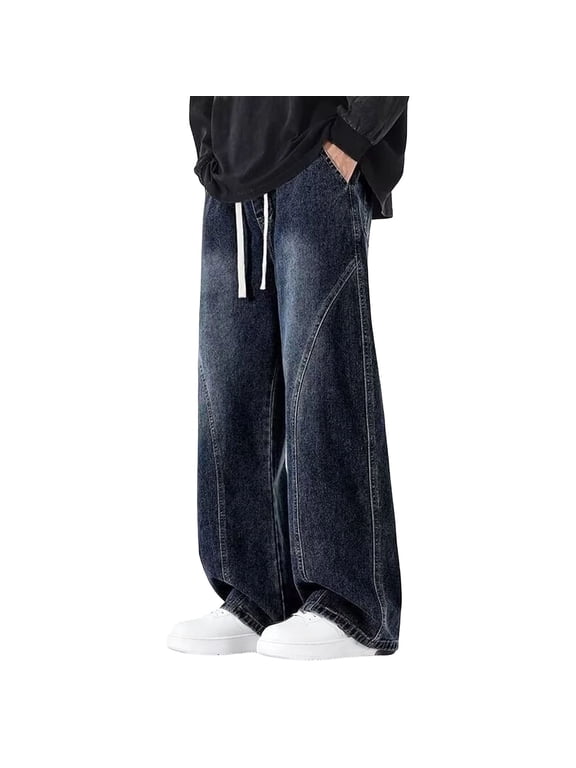 Men's Vintage Washed Baggy Jeans Wide Leg Drawstring Elastic Waist Pockets Y2K Streetwear Denim Pants for Fall Winter Spring Outdoor Casual