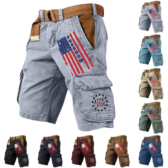 Men's Vintage Washed Cargo Shorts with America 250 Years Graphic and Utility Pockets Featuring Loose Fit Design for Summer Fishing Army Green L