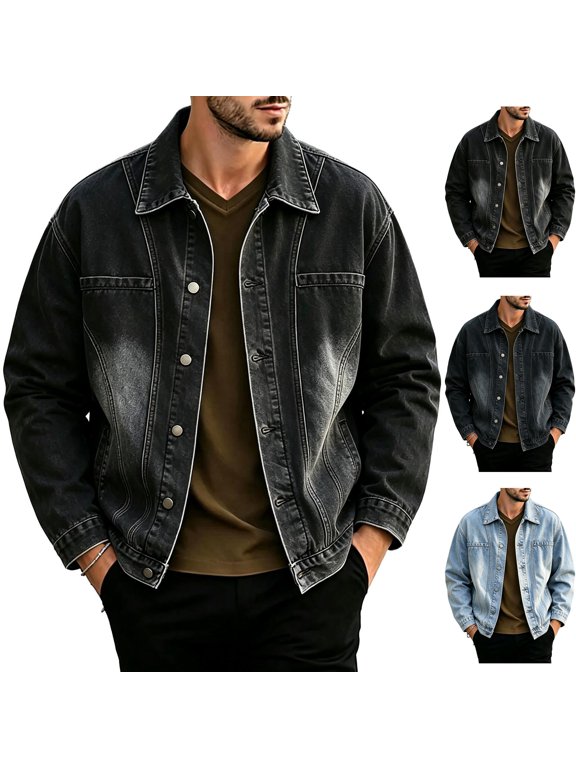 Men's Vintage Washed Denim Trucker Jacket Casual Drop Shoulder Chambray Button Down Shacket for Fall Winter Outerwear Travel with Pockets, Black, XL