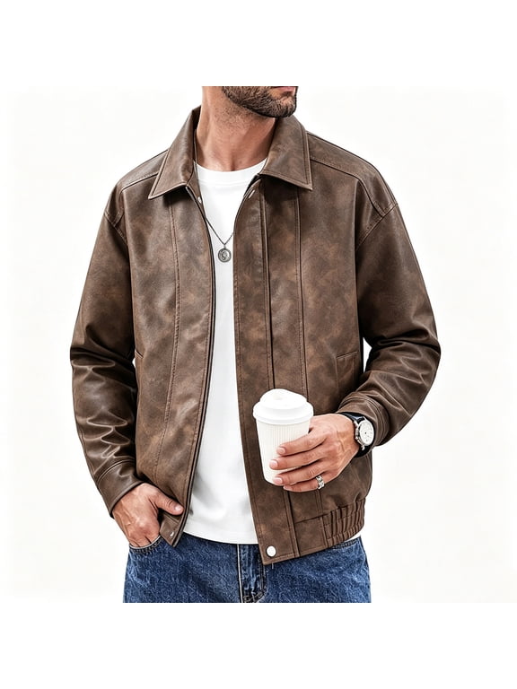 Men's Vintage Washed Faux Leather Bomber Jacket Warm Windproof Flight Coats with Pockets for Fall Winter Daily Casual Moto Biker Streetwear, Brown, XL