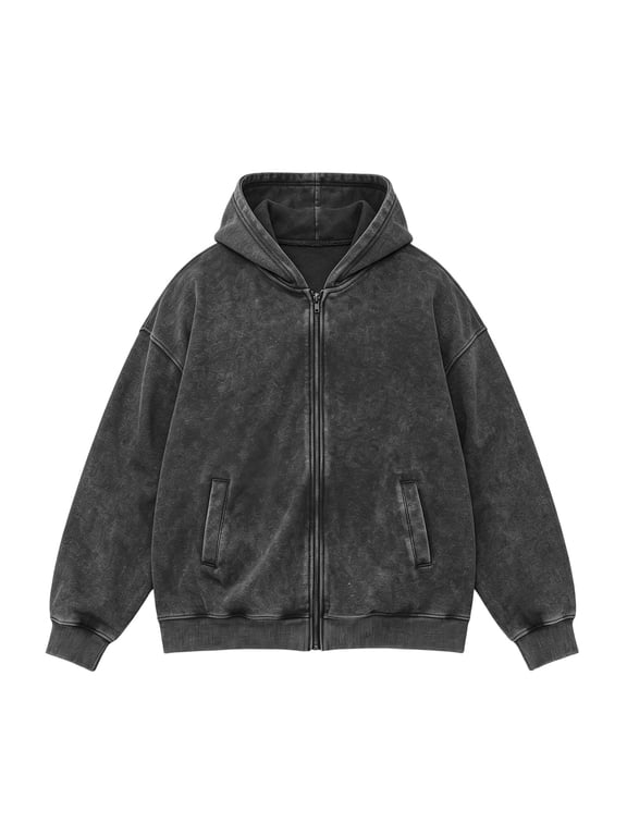 Men’s Vintage Washed Full Zip Up Hoodie Long Sleeve Loose Fit Casual Hooded Jacket with Side Pockets for Daily Wear