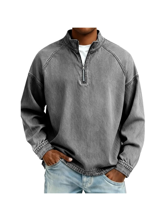 Men's Vintage Washed Pullover Sweatshirt Quarter Zip Mock Neck Long Sleeve Casual Top with Half Zip Collar Kangaroo Pocket Ribbed Hem Acid Wash Cotton Streetwear Fall Wear Basic Layer Gray XXL