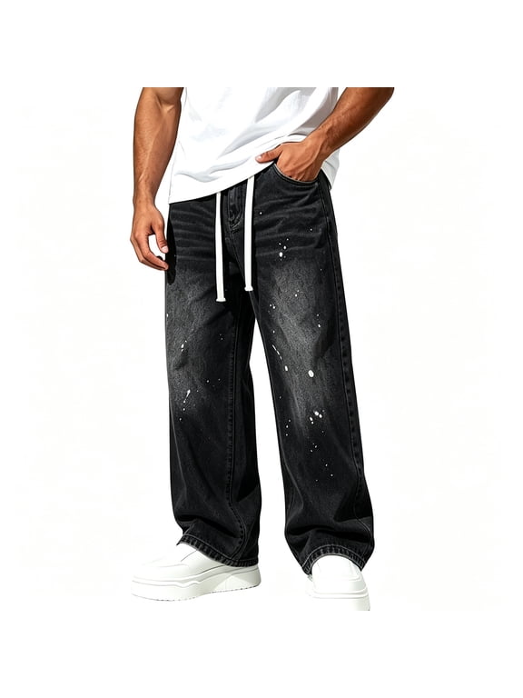 Men's Vintage Washed Wide Leg Baggy Jeans Drawstring Elastic Waist Barrel Denim Pants with Pockets Big & Tall Size M-8XL