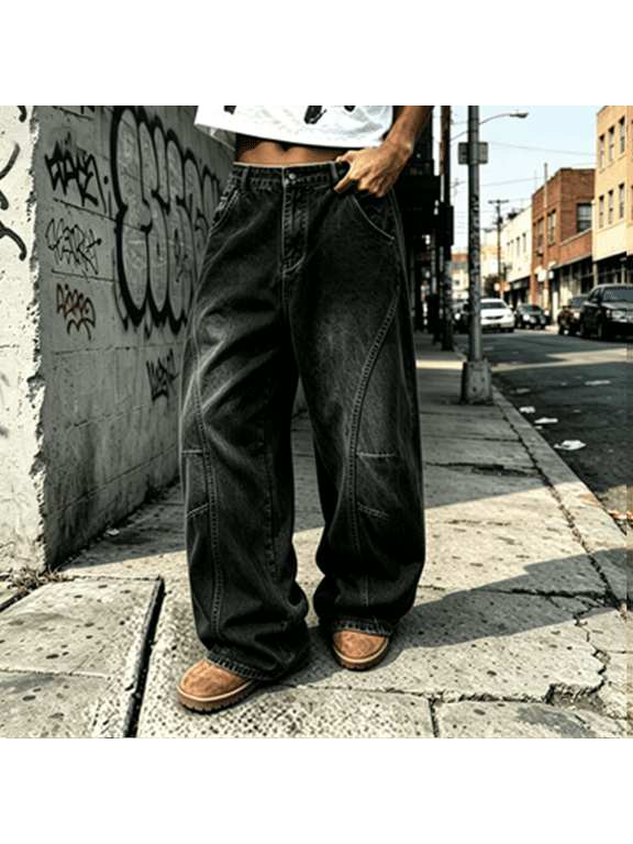 Men's Vintage Washed Wide Leg Jeans, Distressed Gradient Color Patchwork Loose Baggy Denim Pants Streetwear Casual Trousers