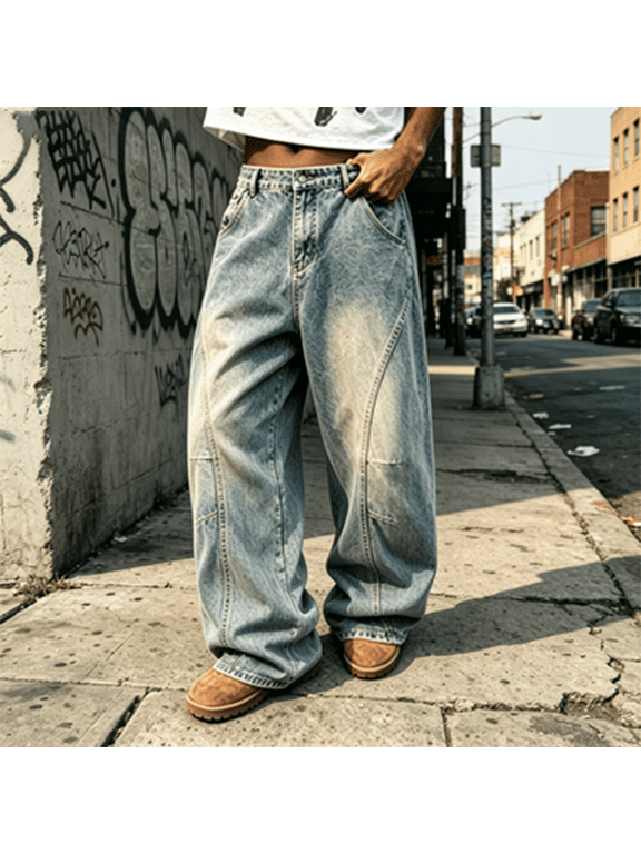 Men's Vintage Washed Wide Leg Jeans, Distressed Gradient Color Patchwork Loose Baggy Denim Pants Streetwear Casual Trousers