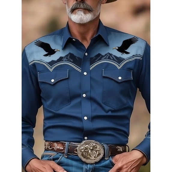 Men's Vintage Western Cowboy Shirt Long Sleeve - Navy Blue Mountain Eagle Graphic Button Down Shirt, Breathable Lightweight Western Wear for Outdoor, Work & Casual Wear